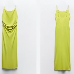 Zara lime green yellow ruched bodycon spaghetti strap maxi dress Sz L NWOT